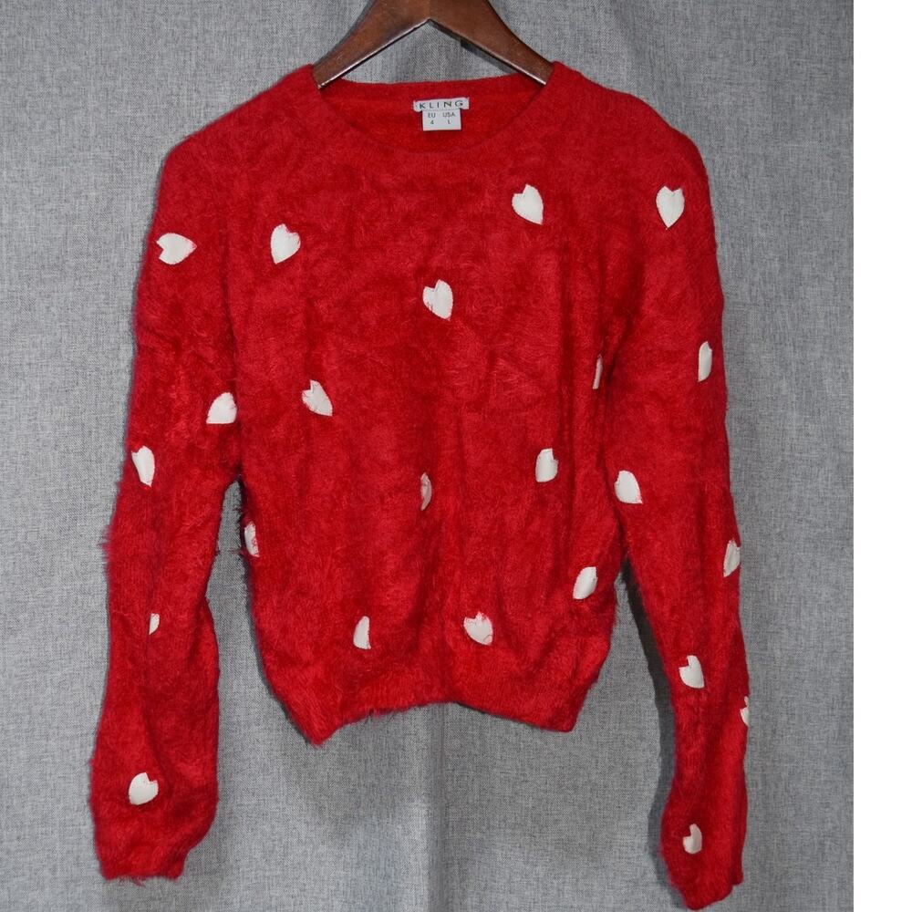Kling Red Fuzzy Heart Print Knit Sweater EU 4 / US L